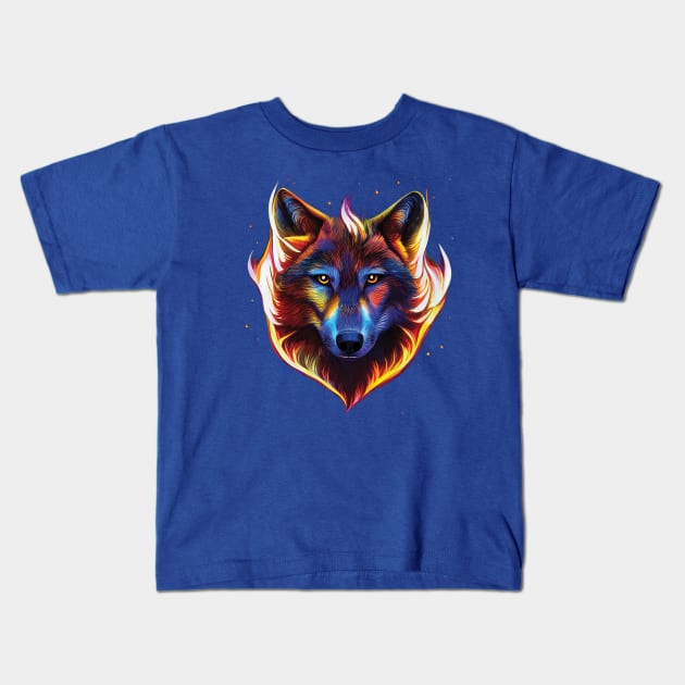 Flaming wolf pattern. Bold Striking Image on a black or blue background Kids T-Shirt by Geminiartstudio